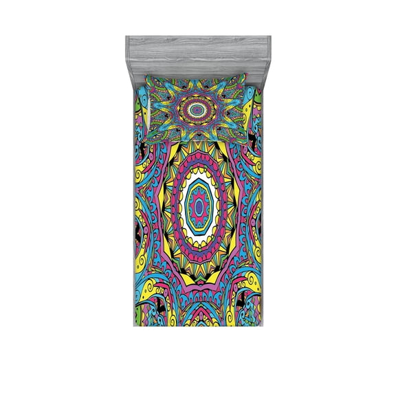 Ambesonne Retro Fitted Sheet & Pillow Sham Set, Abstract Hippie Forms, Twinxl, Multicolor