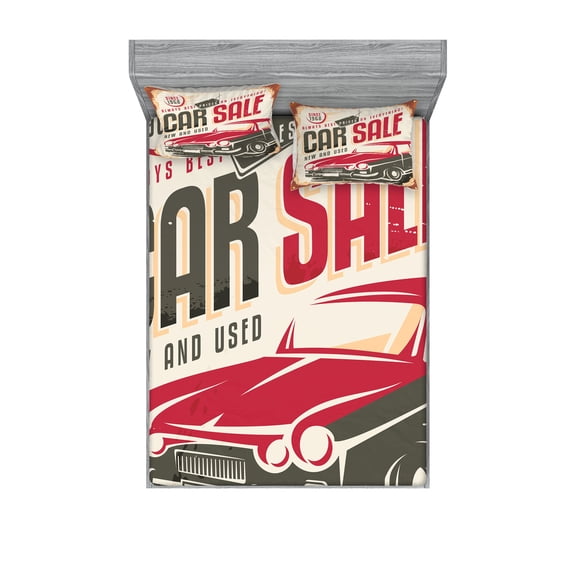 Ambesonne Retro Fitted Sheet & Pillow Sham Set, America Themed Car Print Art, Full, Cream Grey Red