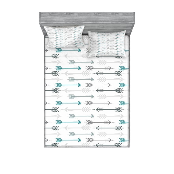 Ambesonne Retro Fitted Sheet & Pillow Sham Set, Arrow Pattern Horizontal, Full, Grey Teal White