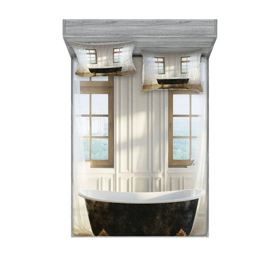 Ambesonne Retro Fitted Sheet & Pillow Sham Set, Bathtub in Modern Room, Queen, White Black Pale Brown