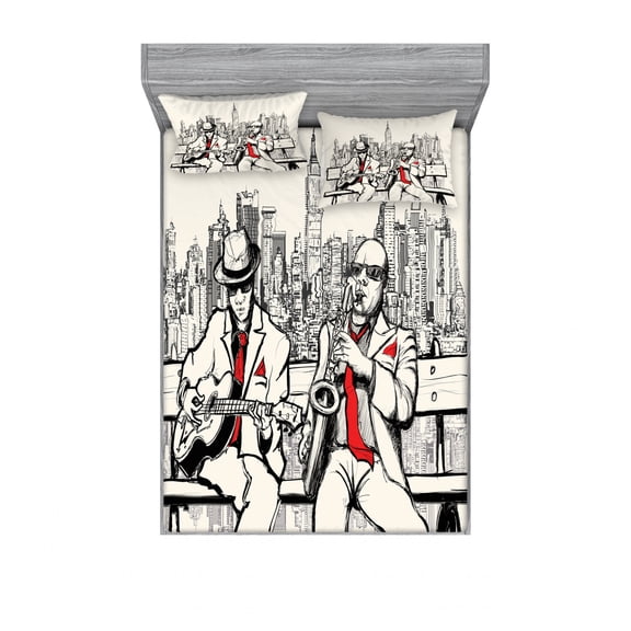 Ambesonne Retro Fitted Sheet & Pillow Sham Set, Beats in New York Night, Full, Red Black Ecru