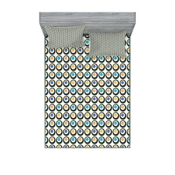 Ambesonne Retro Fitted Sheet & Pillow Sham Set, Bold Circles Polka Dots, Full, Multicolor