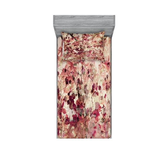 Ambesonne Retro Fitted Sheet & Pillow Sham Set, Cherry Blossoms Floral, Twin, Beige and Pink