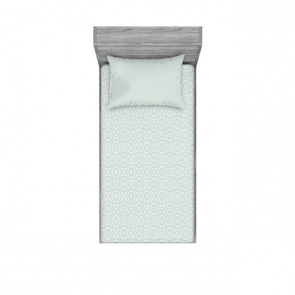 Ambesonne Retro Fitted Sheet & Pillow Sham Set, Circular Geometric Tile, Twin, Cream Pale Blue