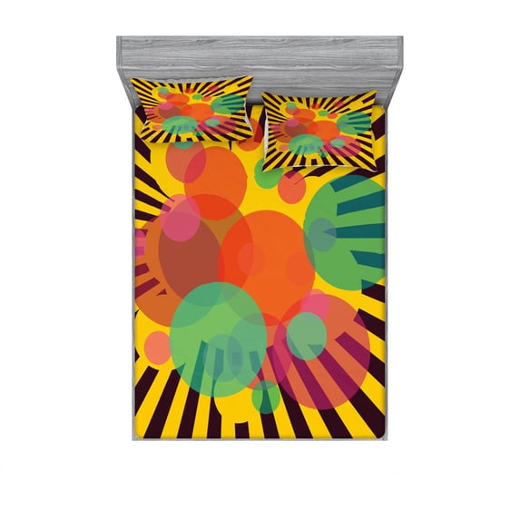 Ambesonne Retro Fitted Sheet & Pillow Sham Set, Circular Stripes, Queen, Multicolor