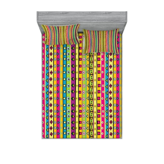 Ambesonne Retro Fitted Sheet & Pillow Sham Set, Colored Abstract Stripes, Full, Multicolor