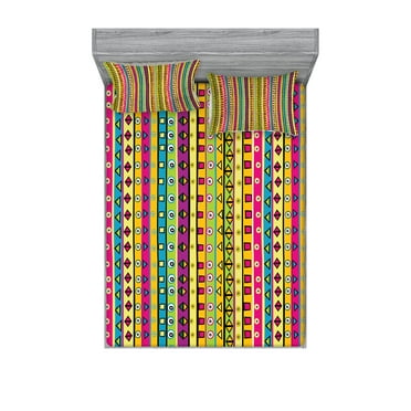 Ambesonne Retro Fitted Sheet & Pillow Sham Set, Colored Abstract Stripes, Queen, Multicolor