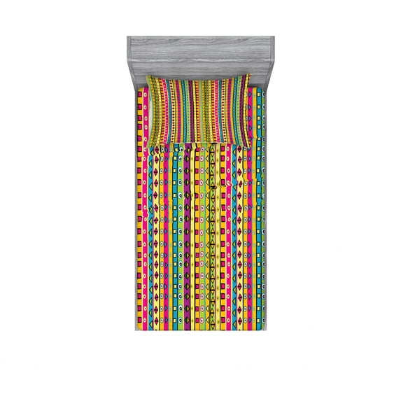 Ambesonne Retro Fitted Sheet & Pillow Sham Set, Colored Abstract Stripes, Twin, Multicolor