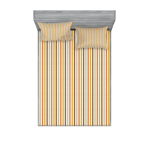 Ambesonne Retro Fitted Sheet & Pillow Sham Set, Colorful Fashion Stripes, Queen, Mustard Orange