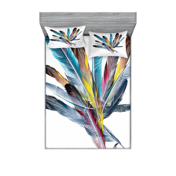 Ambesonne Retro Fitted Sheet & Pillow Sham Set, Colorful Feathers Old Pen, Full, Multicolor