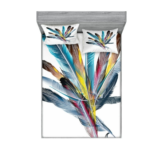 Ambesonne Retro Fitted Sheet & Pillow Sham Set, Colorful Feathers Old Pen, Queen, Multicolor