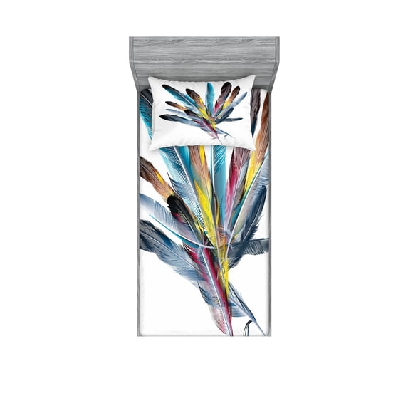 Ambesonne Retro Fitted Sheet & Pillow Sham Set, Colorful Feathers Old Pen, Twinxl, Multicolor