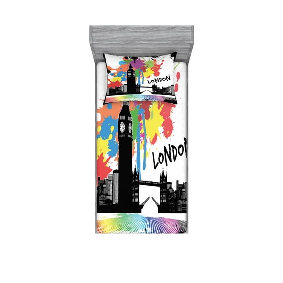 Ambesonne Retro Fitted Sheet & Pillow Sham Set, Colorful London City View, Twin, Multicolor