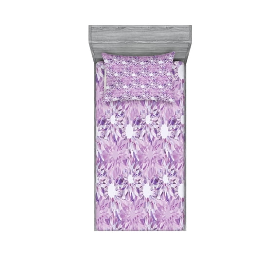 Ambesonne Retro Fitted Sheet & Pillow Sham Set, Digital Floral Design, Twin, Lilac and Lavender