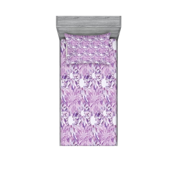 Ambesonne Retro Fitted Sheet & Pillow Sham Set, Digital Floral Design, Twinxl, Lilac and Lavender