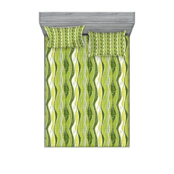 Ambesonne Retro Fitted Sheet & Pillow Sham Set, Digital Leaf Floral Lines, King, Green