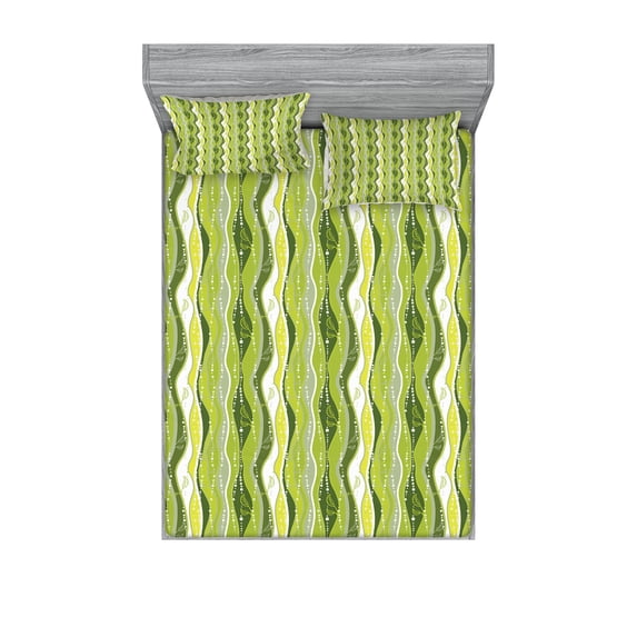Ambesonne Retro Fitted Sheet & Pillow Sham Set, Digital Leaf Floral Lines, Queen, Green