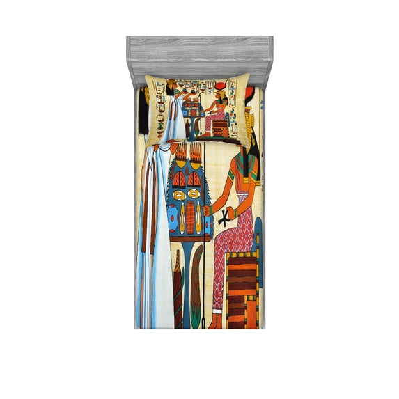 Ambesonne Retro Fitted Sheet & Pillow Sham Set, Egyptian History, Twin, Multicolor