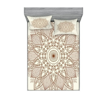 Ambesonne Retro Fitted Sheet & Pillow Sham Set, Flower Lace, Queen, Brown and Ivory