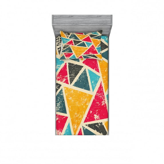 Ambesonne Retro Fitted Sheet & Pillow Sham Set, Funk Art Grungy Abstract, Twin, Multicolor