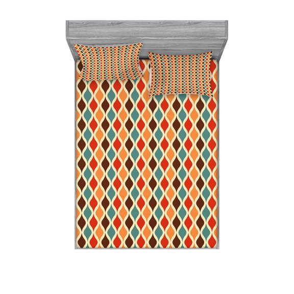 Ambesonne Retro Fitted Sheet & Pillow Sham Set, Funky Different Forms, Full, Multicolor