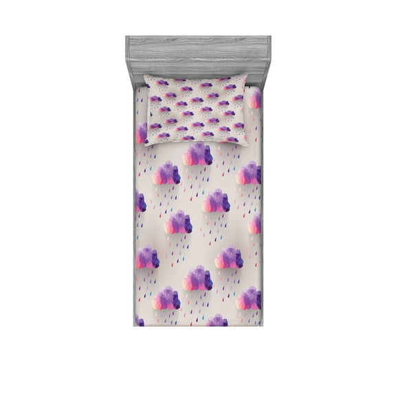 Ambesonne Retro Fitted Sheet & Pillow Sham Set, Geometric Mosaic Dots, Twin, Purple Grey Pink