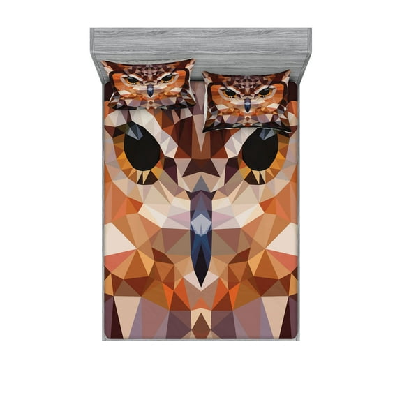 Ambesonne Retro Fitted Sheet & Pillow Sham Set, Geometric Mosaic Owl Art, Queen, Orange Brown