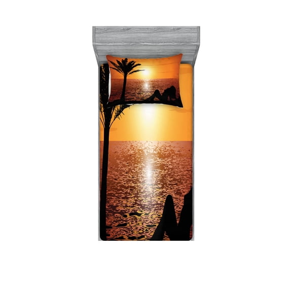 Ambesonne Retro Fitted Sheet & Pillow Sham Set, Girl Tropic Beach with Sunset, Twinxl, Orange Black