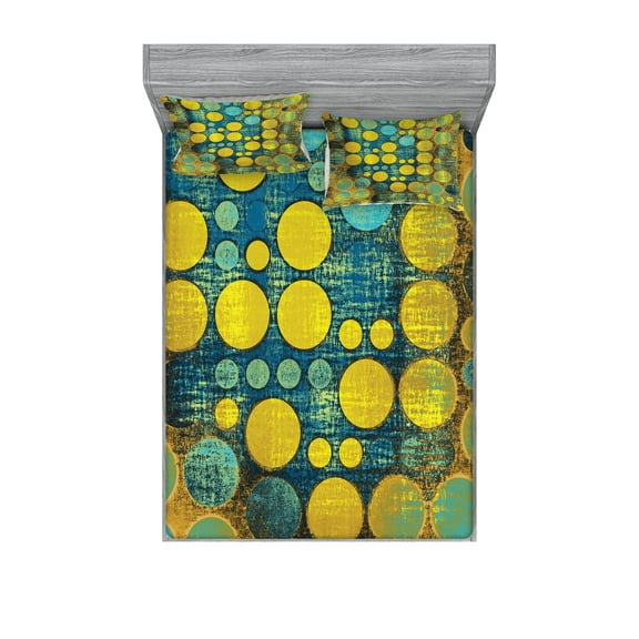 Ambesonne Retro Fitted Sheet & Pillow Sham Set, Groovy Polka Dots 60s, Full, Green Blue