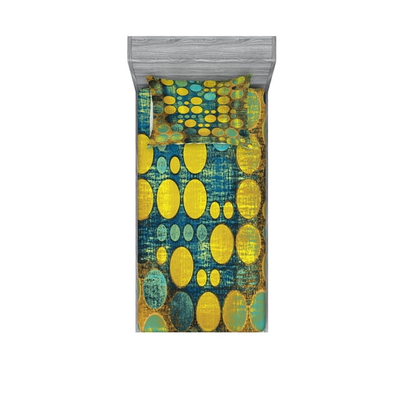 Ambesonne Retro Fitted Sheet & Pillow Sham Set, Groovy Polka Dots 60s, Twin, Green Blue
