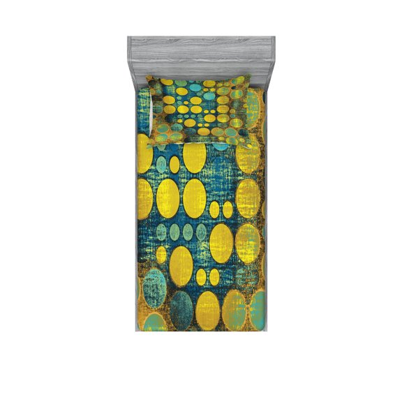 Ambesonne Retro Fitted Sheet & Pillow Sham Set, Groovy Polka Dots 60s, Twinxl, Green Blue