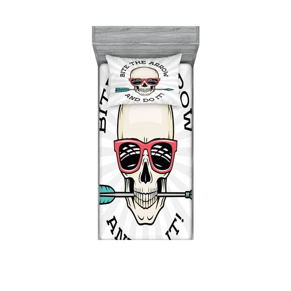 Ambesonne Retro Fitted Sheet & Pillow Sham Set, Hipster Skull Pop Art, Twin, Multicolor