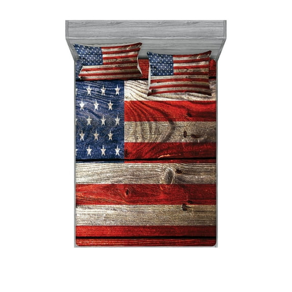 Ambesonne Retro Fitted Sheet & Pillow Sham Set, Independence Day Wall, Queen, Red Blue Tan