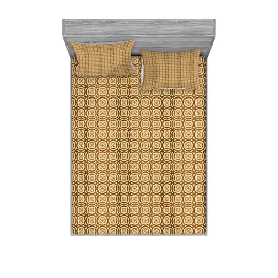 Ambesonne Retro Fitted Sheet & Pillow Sham Set, Interlocking Circles, Queen, Caramel and Tan