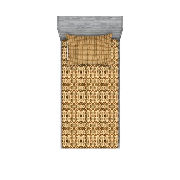 Ambesonne Retro Fitted Sheet & Pillow Sham Set, Interlocking Circles, Twin, Caramel and Tan