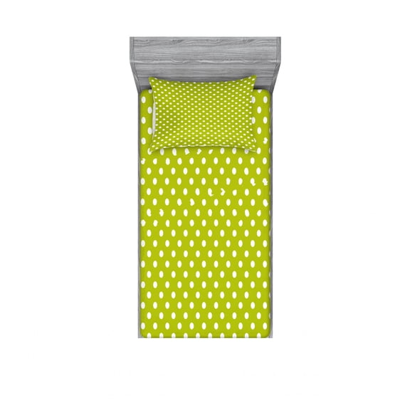 Ambesonne Retro Fitted Sheet & Pillow Sham Set, Lime Vintage Polka Dots, Twinxl, Lime Green and White