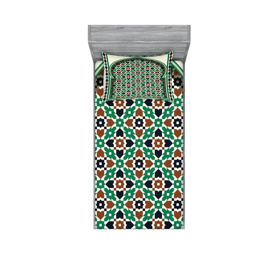 Ambesonne Retro Fitted Sheet & Pillow Sham Set, Moroccan Arch with Floral, Twinxl, Green and Brown