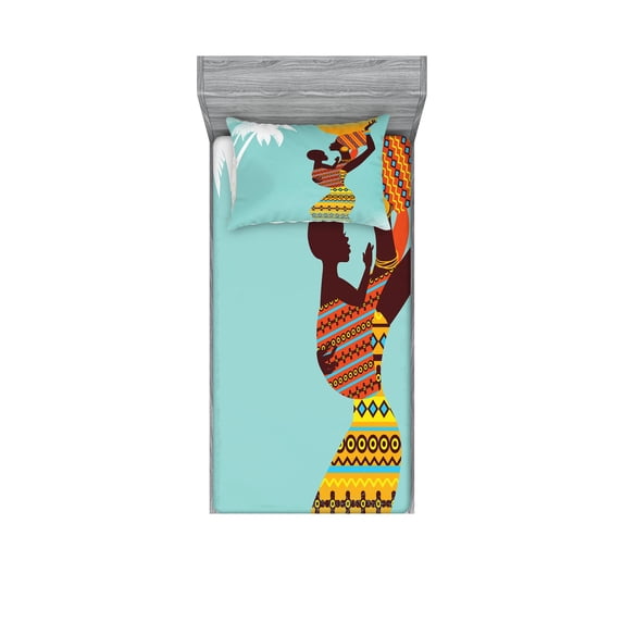 Ambesonne Retro Fitted Sheet & Pillow Sham Set, Mother, Twinxl, Turquoise Marigold