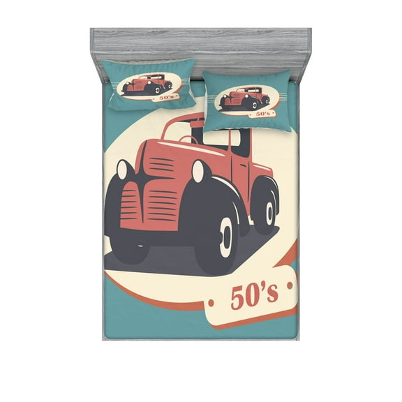 Ambesonne Retro Fitted Sheet & Pillow Sham Set, Nostalgic Antique Vehicle, Full, Red Yellow Teal