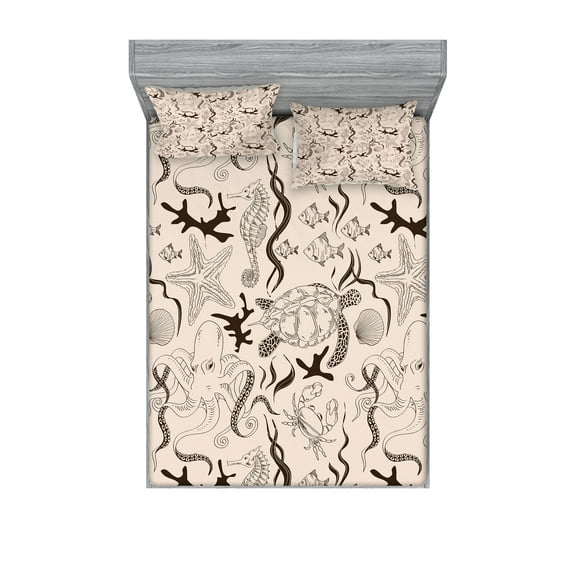 Ambesonne Retro Fitted Sheet & Pillow Sham Set, Octopus Crab Seahorse, Full, Beige Brown