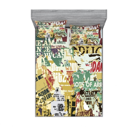 Ambesonne Retro Fitted Sheet & Pillow Sham Set, Old Torn Posters Collage, Full, Multicolor