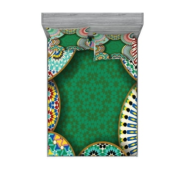Ambesonne Retro Fitted Sheet & Pillow Sham Set, Oriental Hippie Motif, Queen, Multicolor