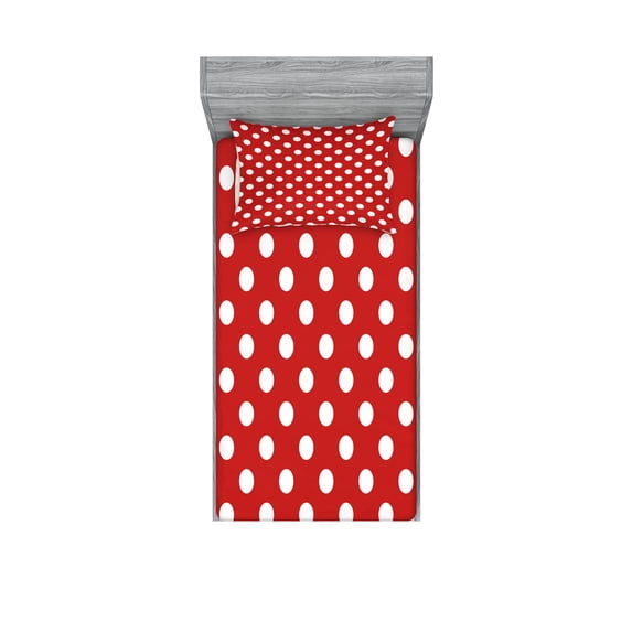 Ambesonne Retro Fitted Sheet & Pillow Sham Set, Polka Dots Circular Forms, Twin, Vermilion