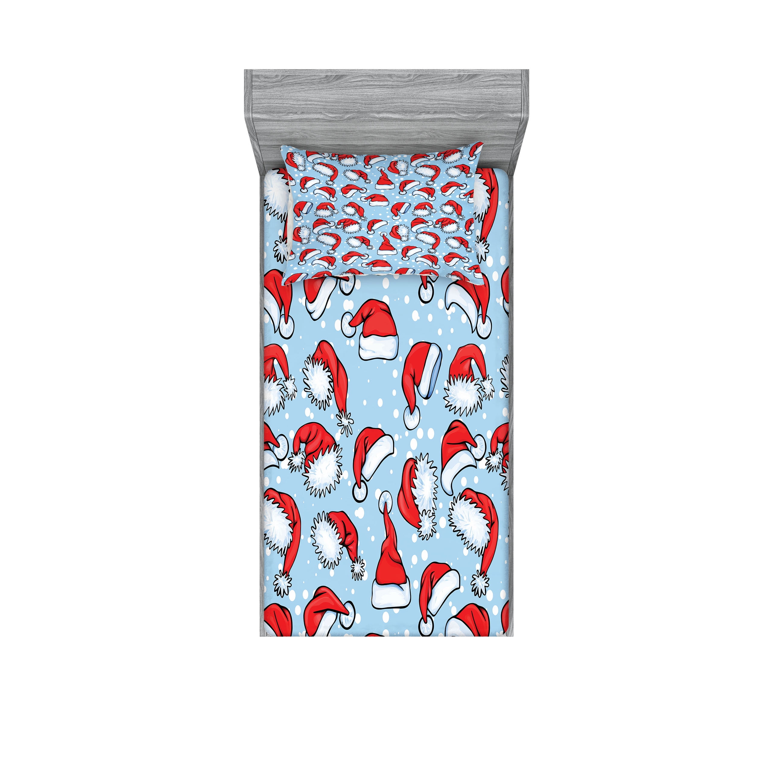 Blue and Red Santa Hat Print Twin Microfiber Sheet Set