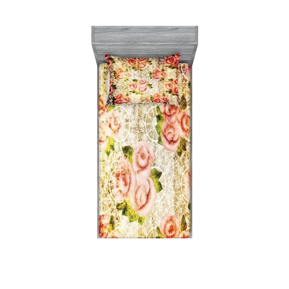 Ambesonne Retro Fitted Sheet & Pillow Sham Set, Psychedelic Floral Motif, Twinxl, Pink Green Cream