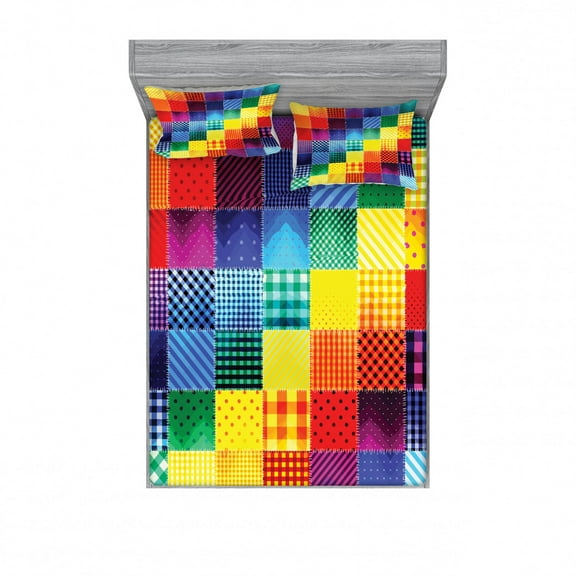 Ambesonne Retro Fitted Sheet & Pillow Sham Set, Rainbow Retro Patchwork, Full, Multicolor