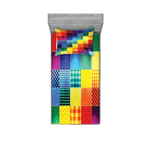 Ambesonne Retro Fitted Sheet & Pillow Sham Set, Rainbow Retro Patchwork, Twin, Multicolor