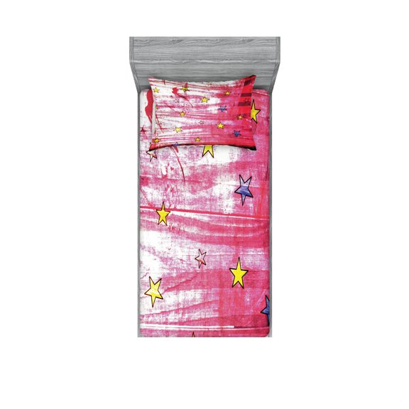 Ambesonne Retro Fitted Sheet & Pillow Sham Set, Red Grunge Celestial, Twin, Red Blue Yellow