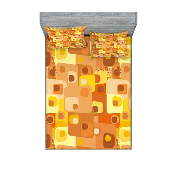 Ambesonne Retro Fitted Sheet & Pillow Sham Set, Rounded Funky Squares, Queen, Multicolor