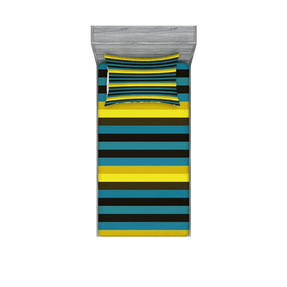 Ambesonne Retro Fitted Sheet & Pillow Sham Set, Striped Geometric Pattern, Twin, Multicolor